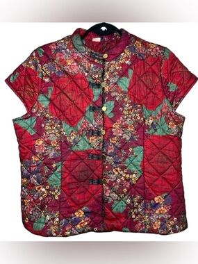 Vintage Mesh Quilted Vest Jacket Floral Red Green Sz M/L Button Front Zip Pocket